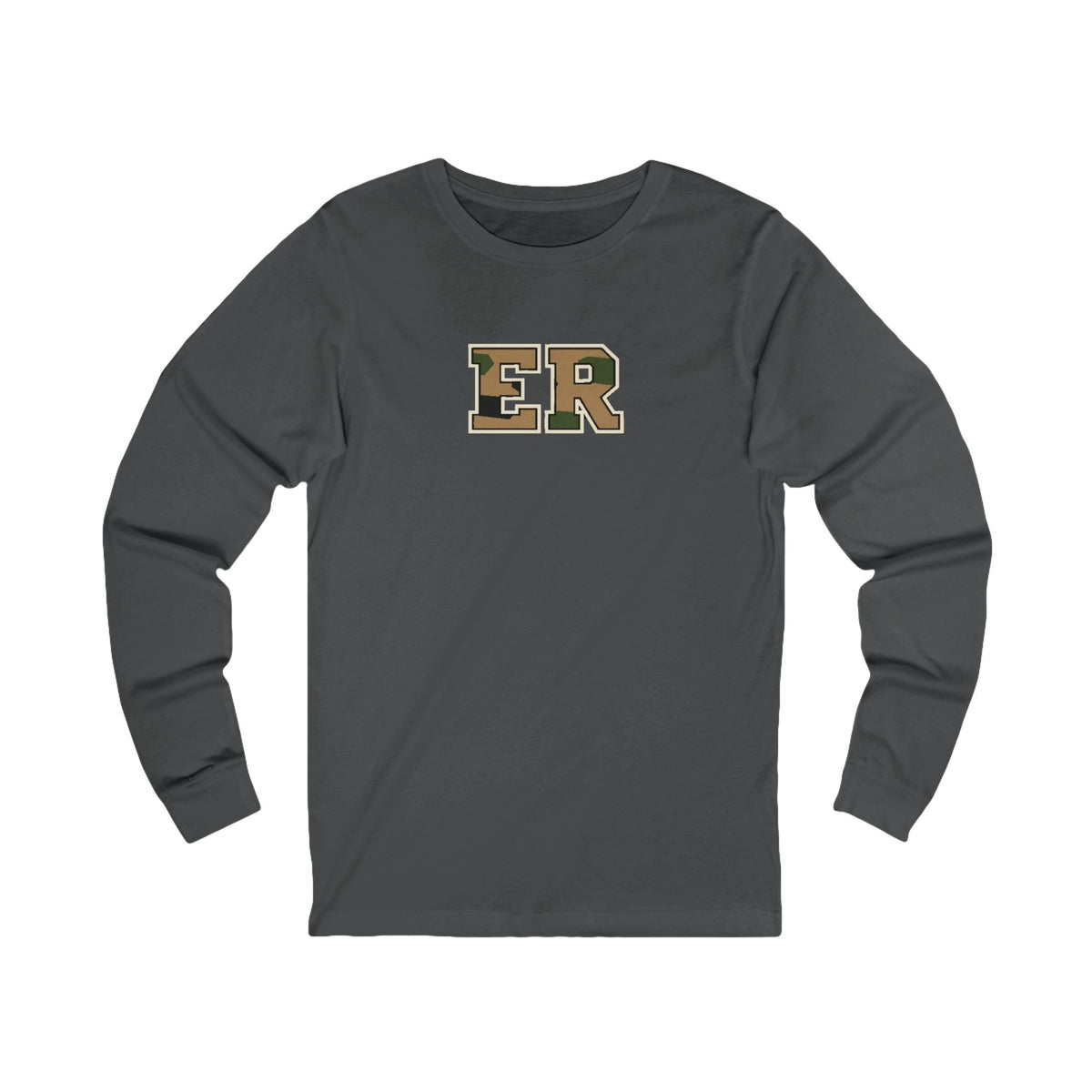 Front view of a Asphalt Nursify ER  Camo long sleeve shirt, showing the centred chest lettering.