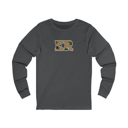 Front view of a Asphalt Nursify ER  Camo long sleeve shirt, showing the centred chest lettering.