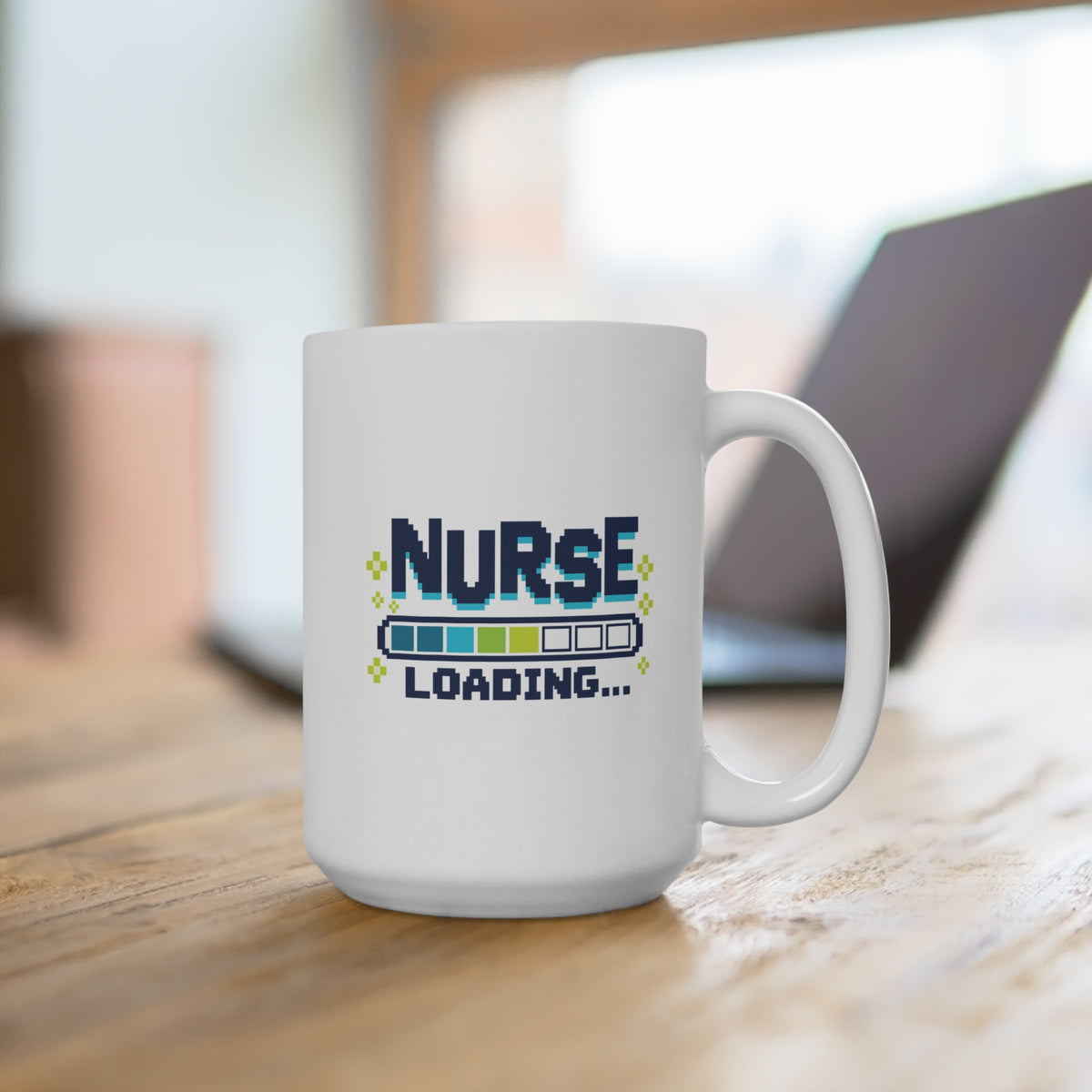 Nurse Loading Mug, Pixel Progress Bar, 15 oz, second styled supplier scene with centred artwork