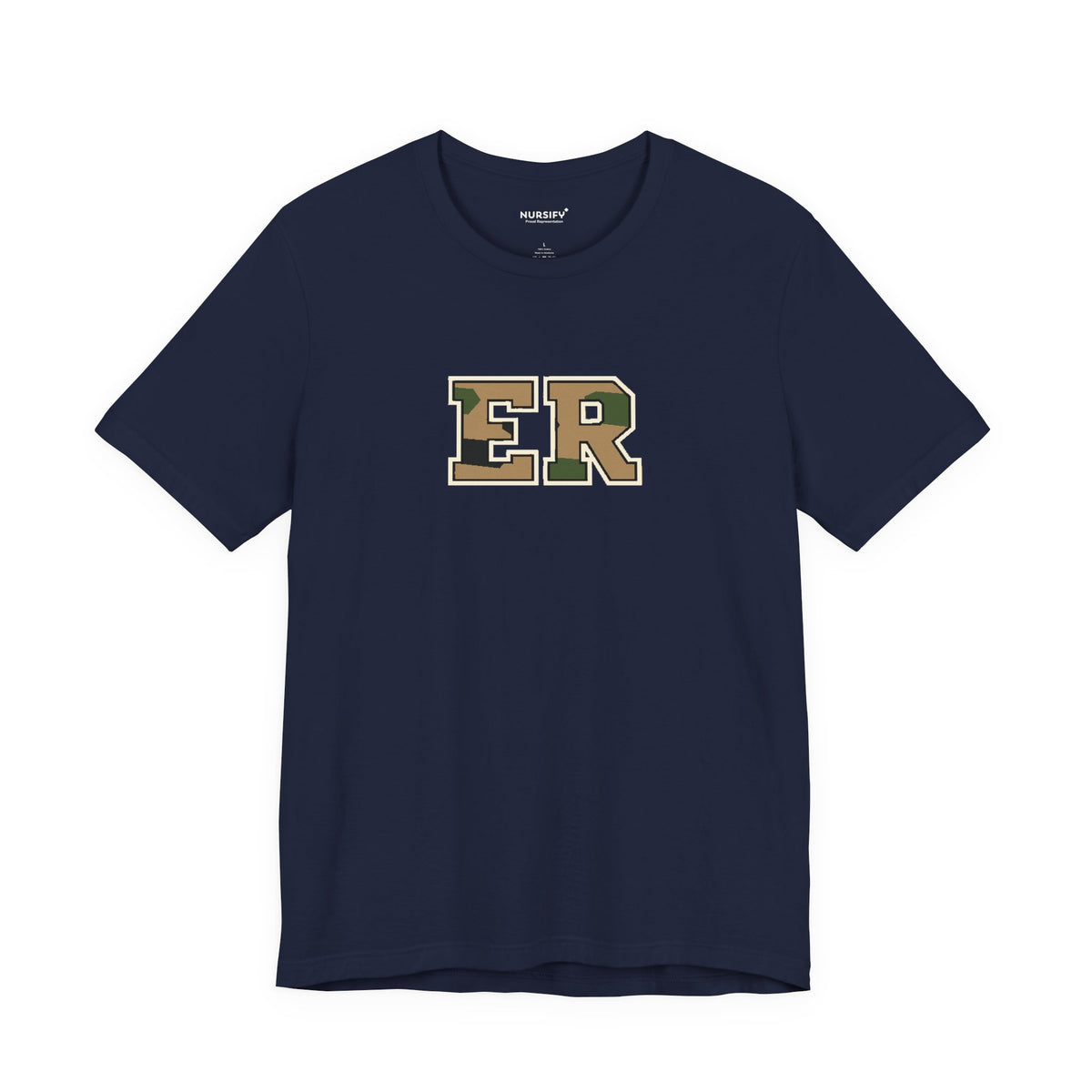 Front view of a Navy Nursify ER  Camo short sleeve shirt, showing the centred chest lettering.