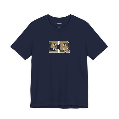 Front view of a Navy Nursify ER  Camo short sleeve shirt, showing the centred chest lettering.