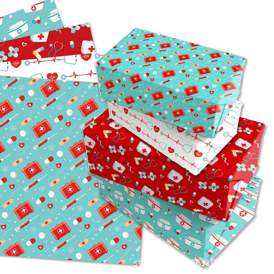 Colorful nurse-themed wrapping paper, includes designs with pills, bandages, stethoscopes, and heart symbols, ideal for wrapping gifts for healthcare professionals.