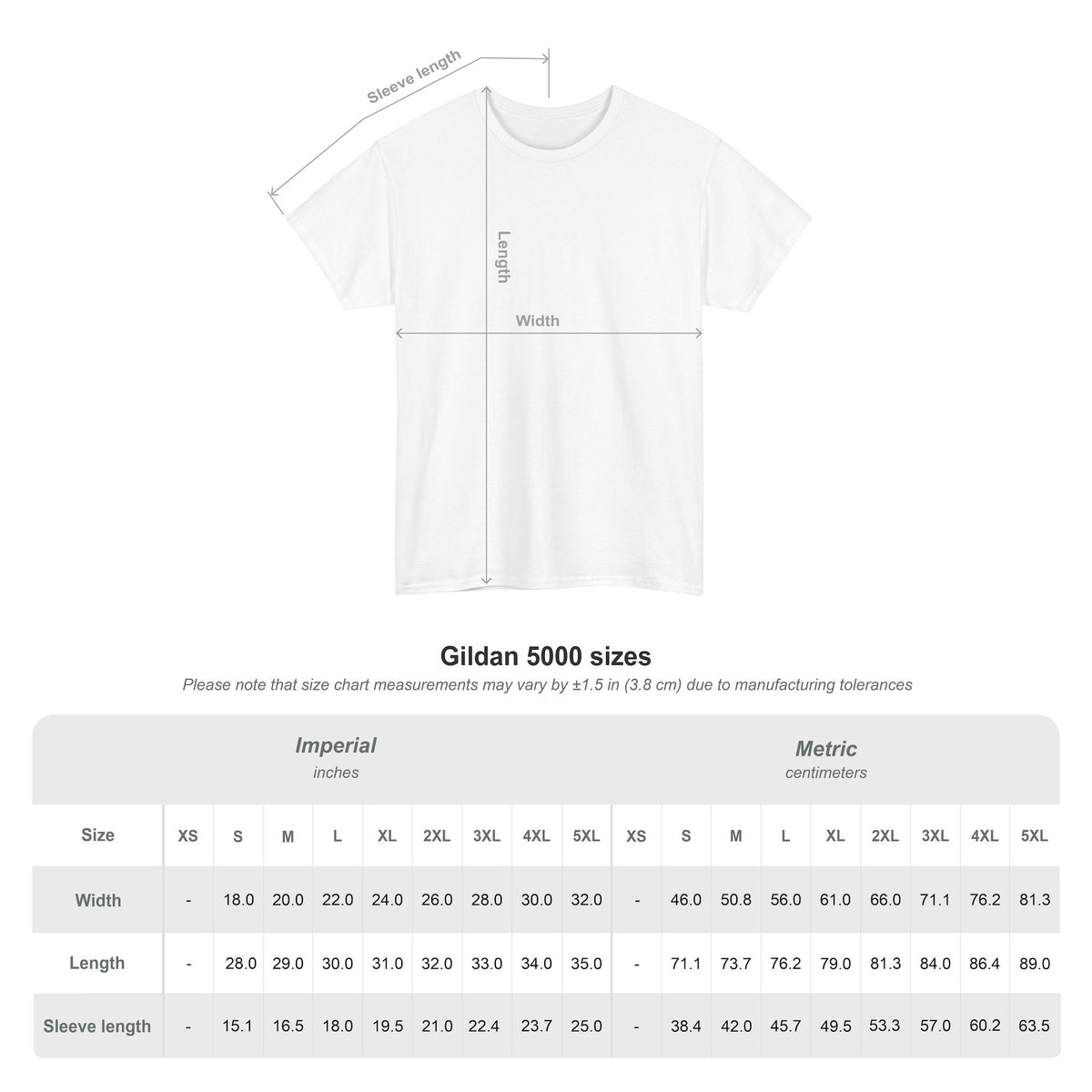 Gildan 5000 T shirt size chart showing width, length and sleeve measurements in inches and centimetres. Measurements for available sizes are also listed in the description.