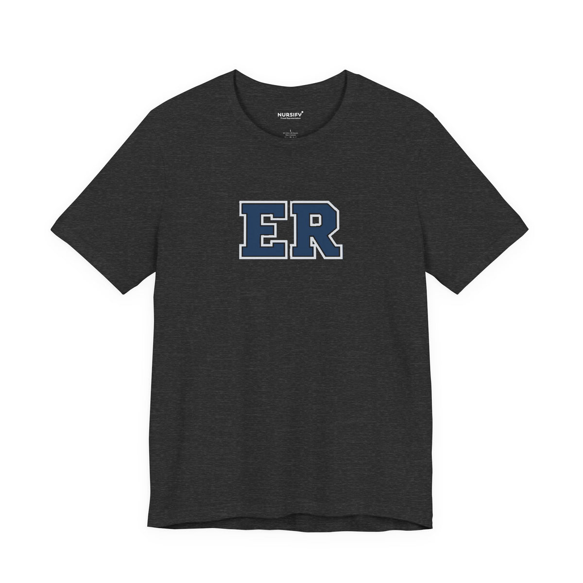 Front view of a Dark Grey Heather Nursify ER  Blue short sleeve shirt, showing the centred chest lettering.
