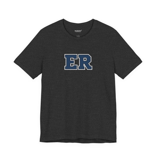 Front view of a Dark Grey Heather Nursify ER  Blue short sleeve shirt, showing the centred chest lettering.