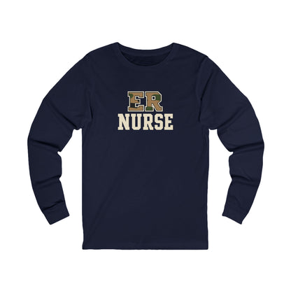 Front view of a Navy Nursify ER  Nurse long sleeve shirt, showing the centred chest lettering.