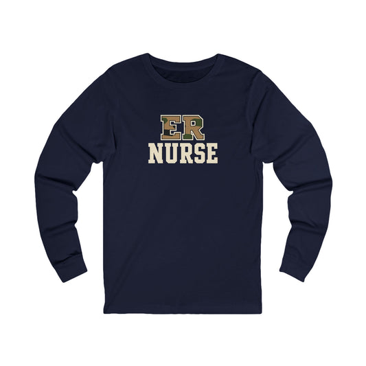 Front view of a Navy Nursify ER  Nurse long sleeve shirt, showing the centred chest lettering.