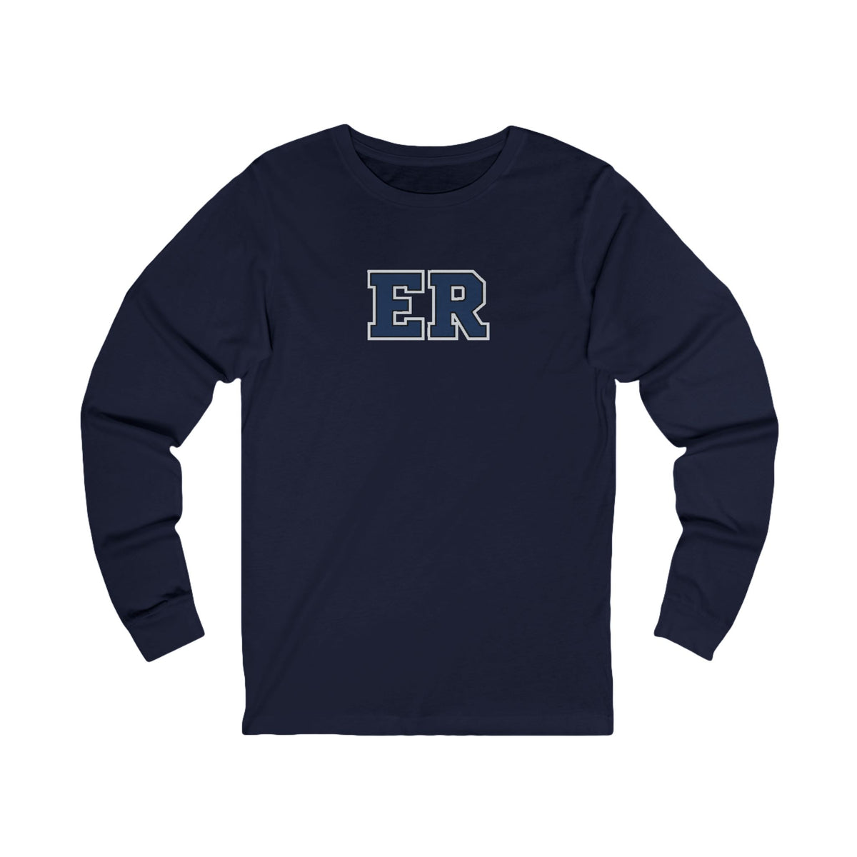 Front view of a Navy Nursify ER  Blue long sleeve shirt, showing the centred chest lettering.