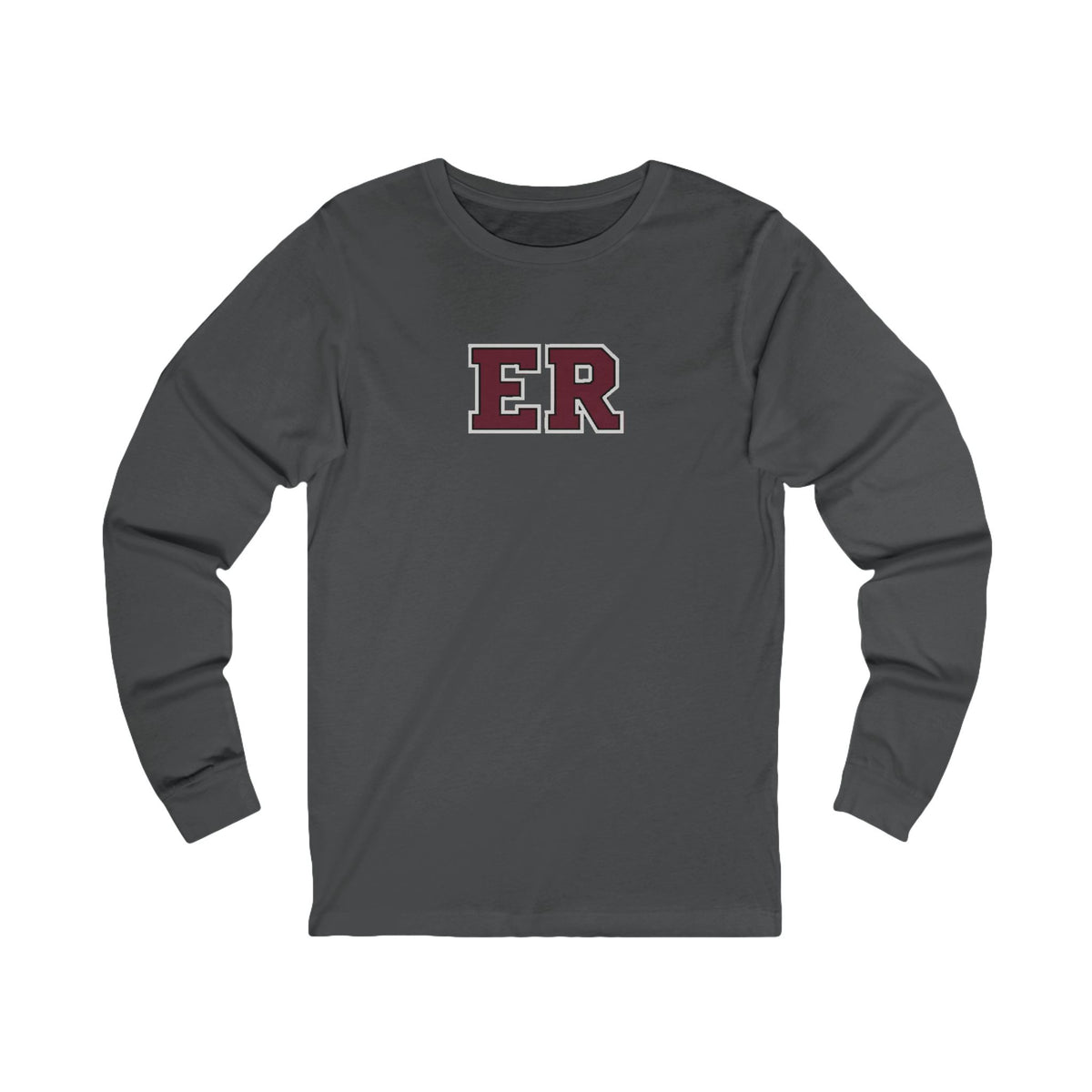 Front view of a Asphalt Nursify ER  Burgundy long sleeve shirt, showing the centred chest lettering.
