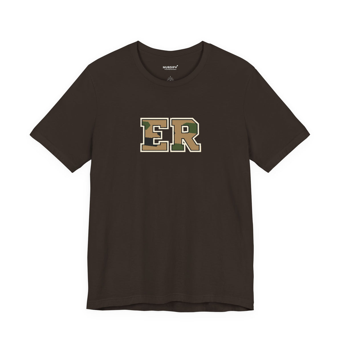 Front view of a Brown Nursify ER  Camo short sleeve shirt, showing the centred chest lettering.