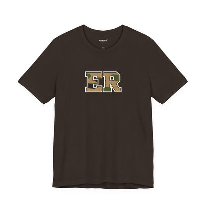 Front view of a Brown Nursify ER  Camo short sleeve shirt, showing the centred chest lettering.