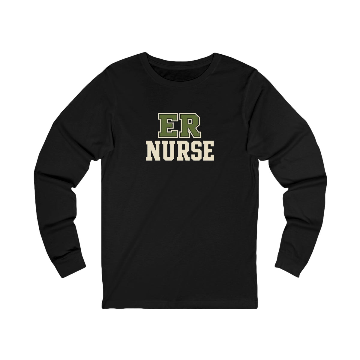 Front view of a Black Nursify ER  Nurse long sleeve shirt, showing the centred chest lettering.