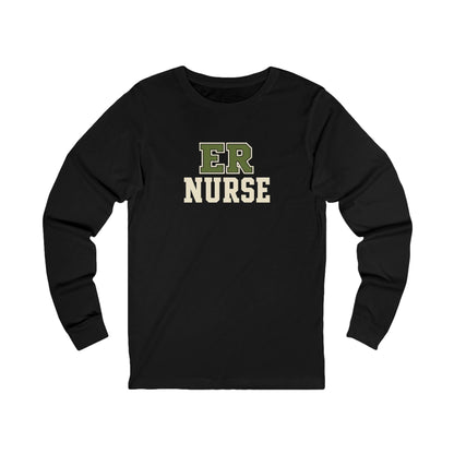 Front view of a Black Nursify ER  Nurse long sleeve shirt, showing the centred chest lettering.