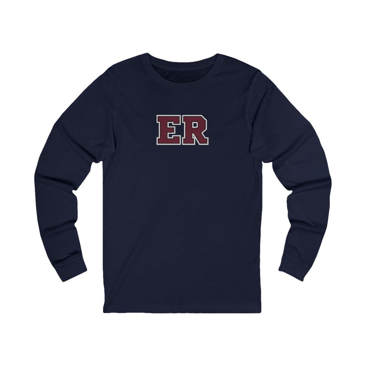 Front view of a Navy Nursify ER  Burgundy long sleeve shirt, showing the centred chest lettering.