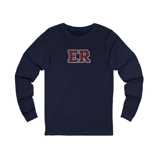 Front view of a Navy Nursify ER  Burgundy long sleeve shirt, showing the centred chest lettering.