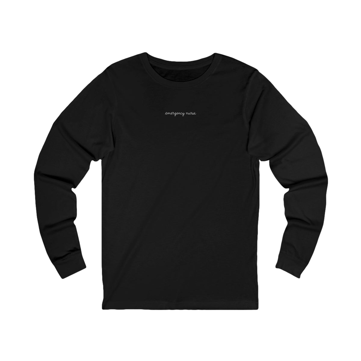 Front view of a Black Nursify Emergency Nurse script long sleeve shirt, showing the centred chest lettering.