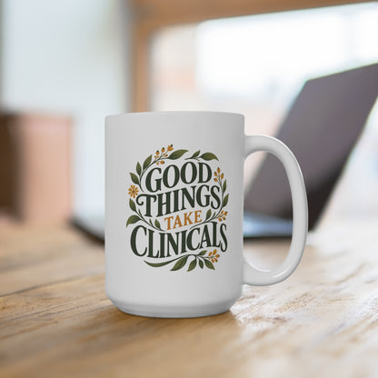 Good Things Take Clinicals Mug, Botanical Green, 15 oz, second styled supplier scene with centred artwork