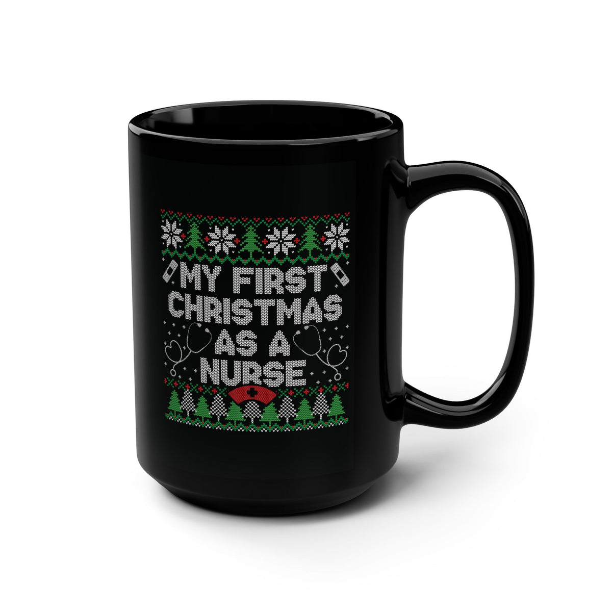 My First Christmas as a Nurse Black Mug, Printed Knit Trees