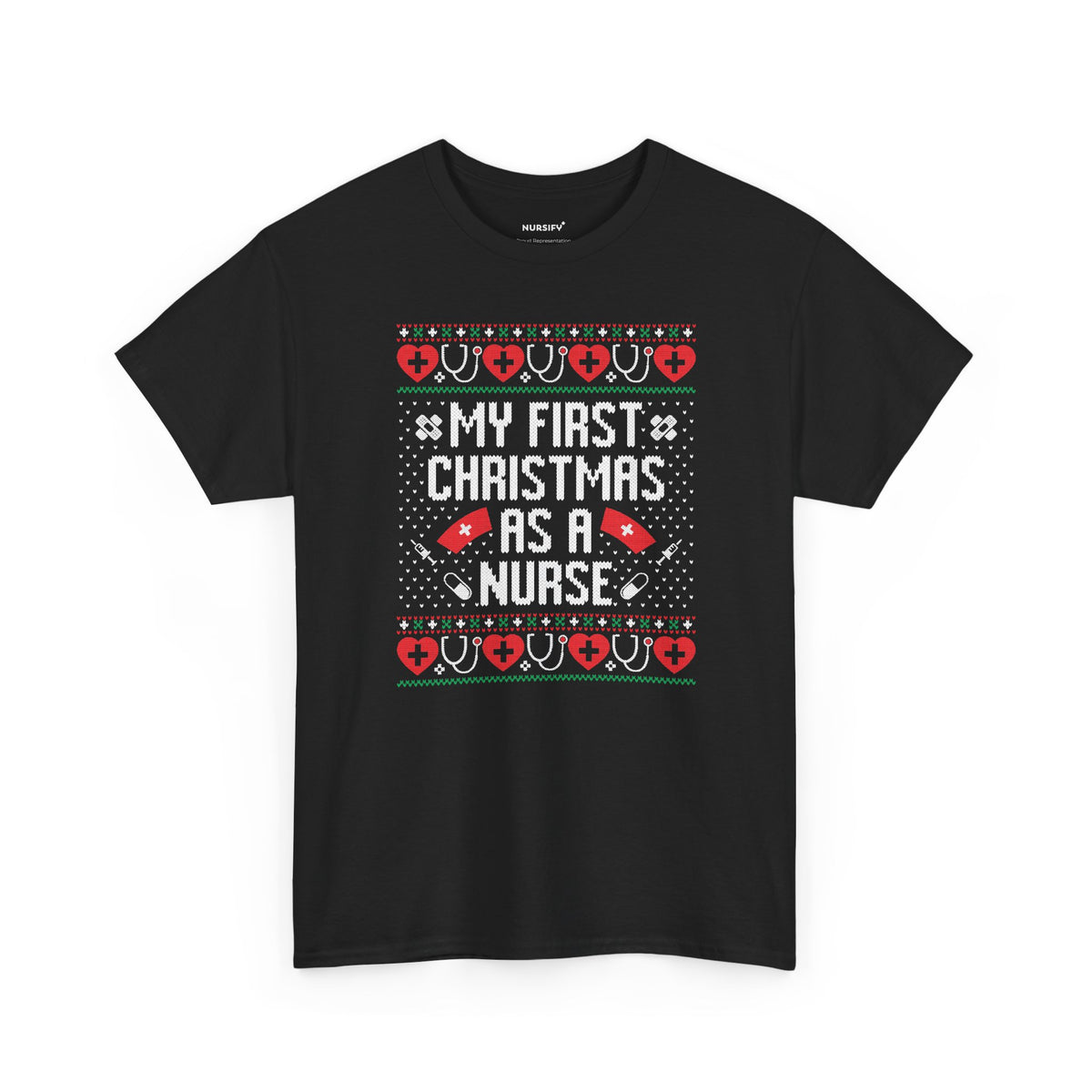 My First Christmas as a Nurse T-Shirt, Festive Hearts