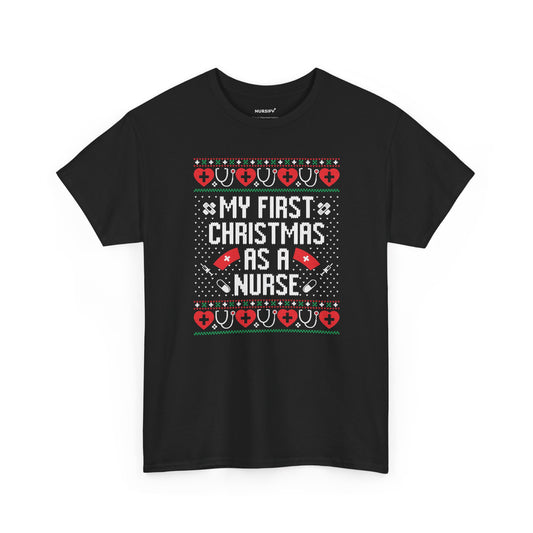 My First Christmas as a Nurse T-Shirt, Festive Hearts
