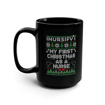 My First Christmas as a Nurse Black Mug, Printed Knit Snowflakes