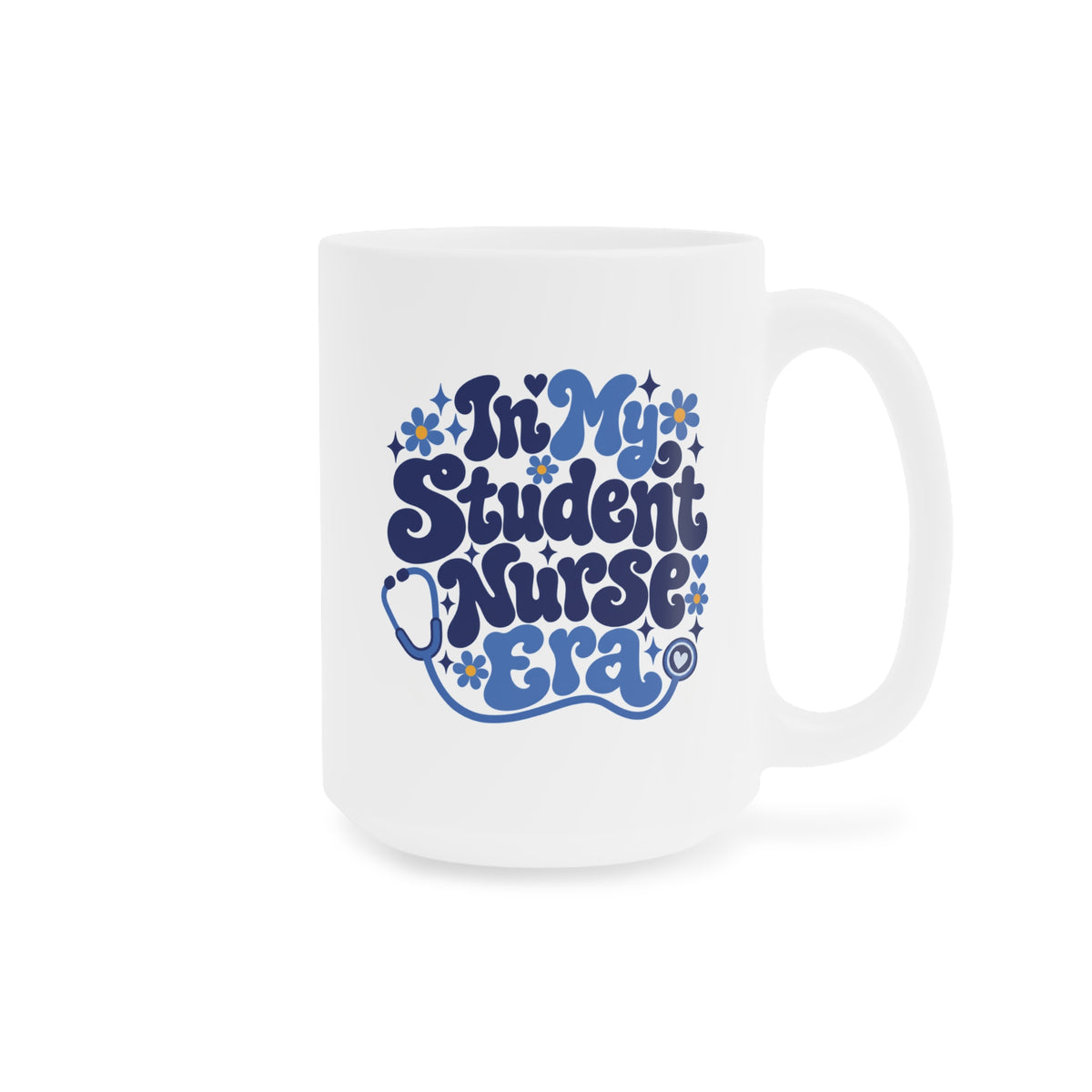 In My Student Nurse Era Mug, Blue Floral, 15 oz, centred opposite supplier product angle