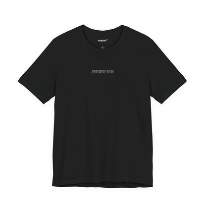 Front view of a Black Nursify Emergency Nurse short sleeve shirt, showing the centred chest lettering.