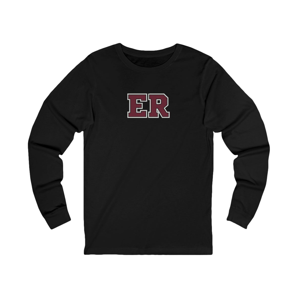 Front view of a Black Nursify ER  Burgundy long sleeve shirt, showing the centred chest lettering.