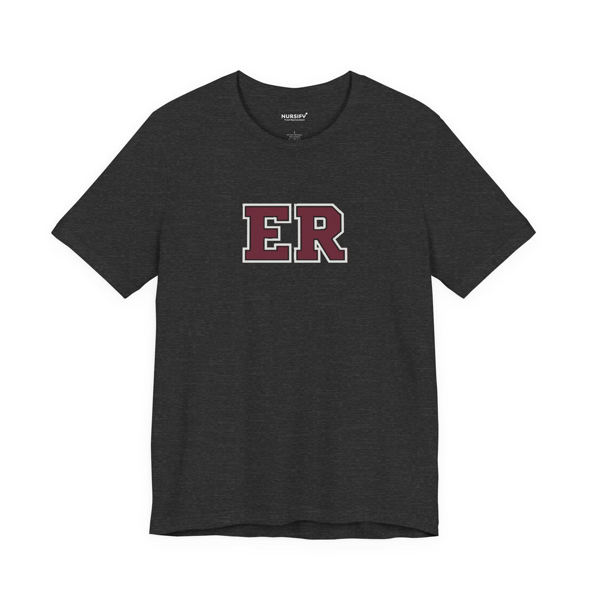 Front view of a Dark Grey Heather Nursify ER  Burgundy short sleeve shirt, showing the centred chest lettering.
