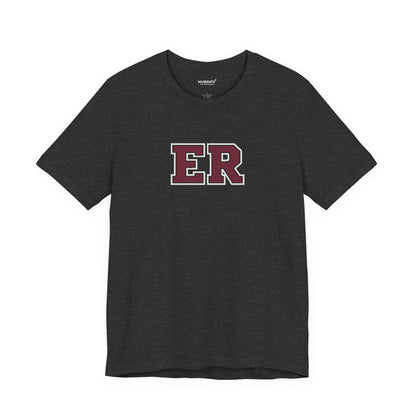 Front view of a Dark Grey Heather Nursify ER  Burgundy short sleeve shirt, showing the centred chest lettering.
