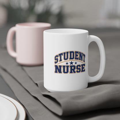 Student Nurse Mug, Collegiate Navy, 15 oz, styled supplier scene with centred artwork