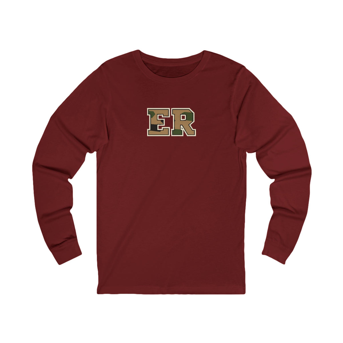 Front view of a Cardinal Nursify ER  Camo long sleeve shirt, showing the centred chest lettering.