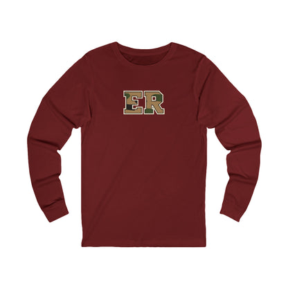 Front view of a Cardinal Nursify ER  Camo long sleeve shirt, showing the centred chest lettering.