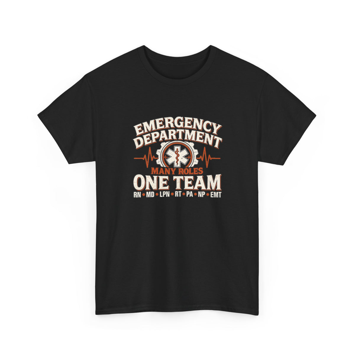 Front view of black Many Roles One Team emergency department unisex shirt