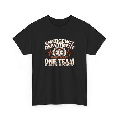 Front view of black Many Roles One Team emergency department unisex shirt