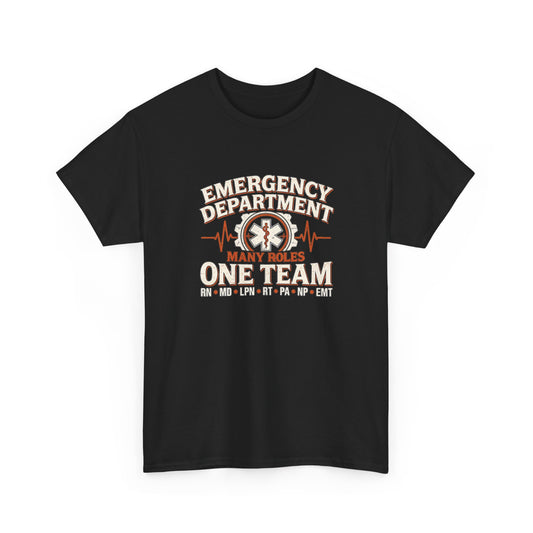 Front view of black Many Roles One Team emergency department unisex shirt