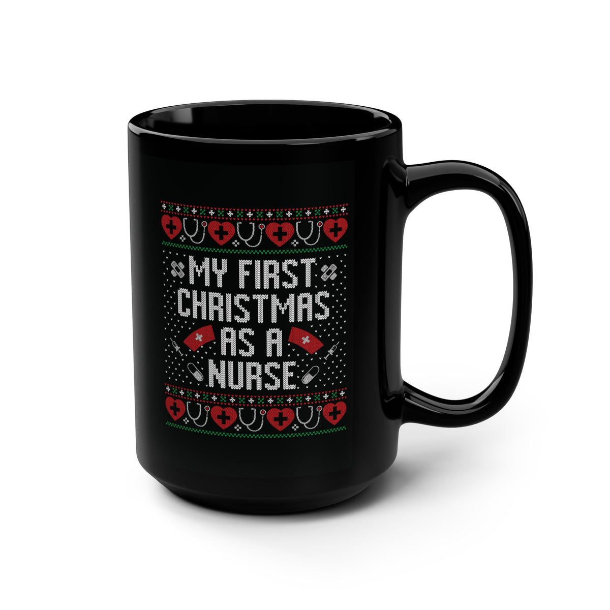 My First Christmas as a Nurse Black Mug, Printed Knit Hearts