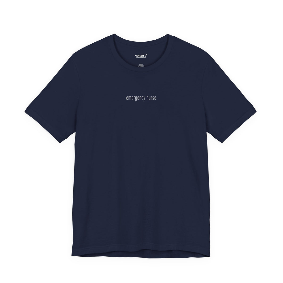 Front view of a Navy Nursify Emergency Nurse short sleeve shirt, showing the centred chest lettering.
