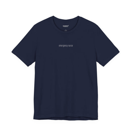Front view of a Navy Nursify Emergency Nurse short sleeve shirt, showing the centred chest lettering.