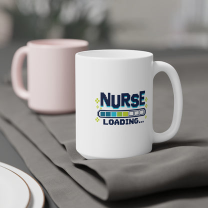 Nurse Loading Mug, Pixel Progress Bar, 15 oz, styled supplier scene with centred artwork