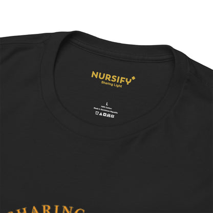 Close view of the black Happy Diwali T shirt collar with the gold Nursify logo and Sharing Light inside neck print above the garment care information.