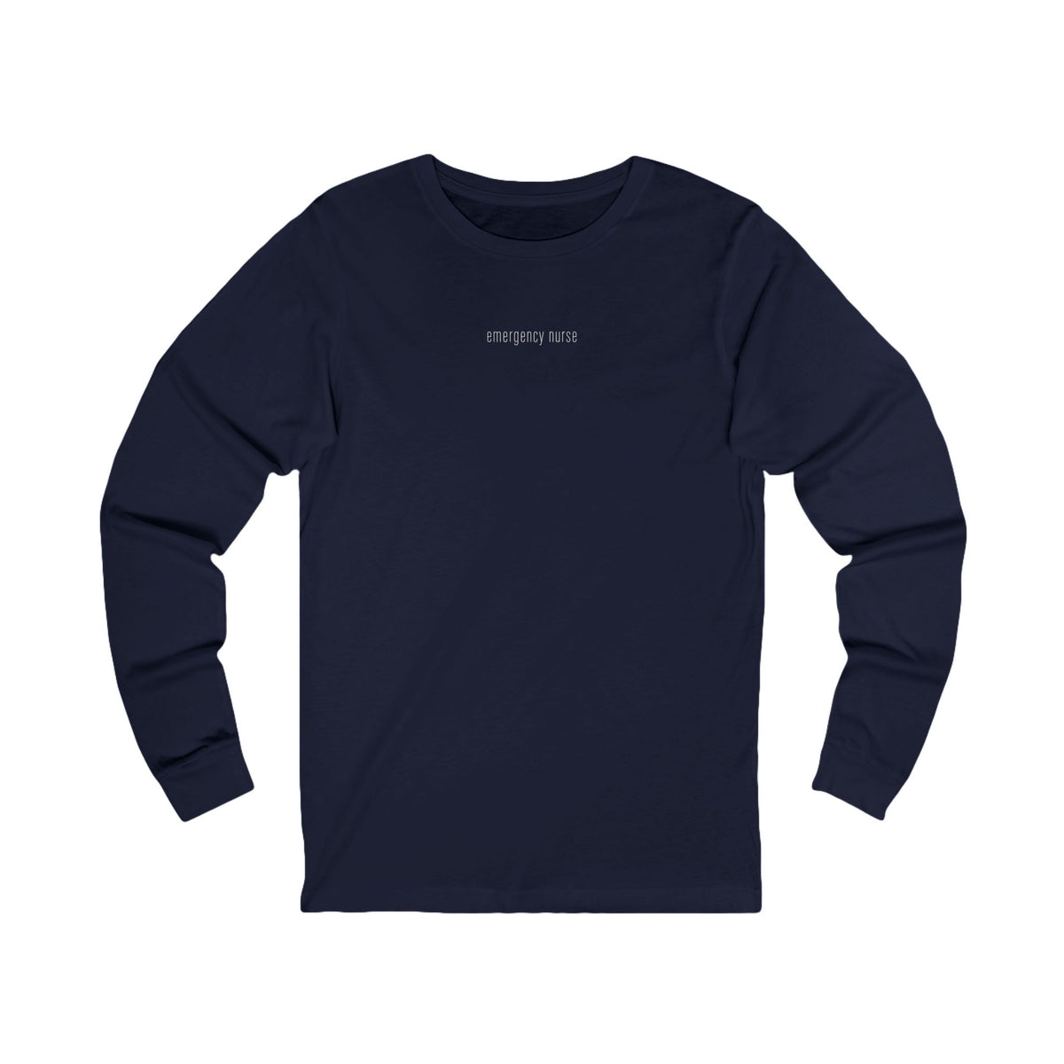 Front view of a Navy Nursify Emergency Nurse long sleeve shirt, showing the centred chest lettering.