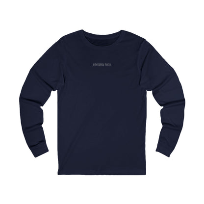 Front view of a Navy Nursify Emergency Nurse long sleeve shirt, showing the centred chest lettering.
