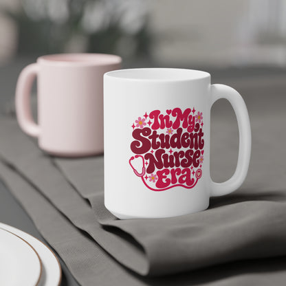 In My Student Nurse Era Mug, Pink Floral, 15 oz, styled supplier scene with centred artwork