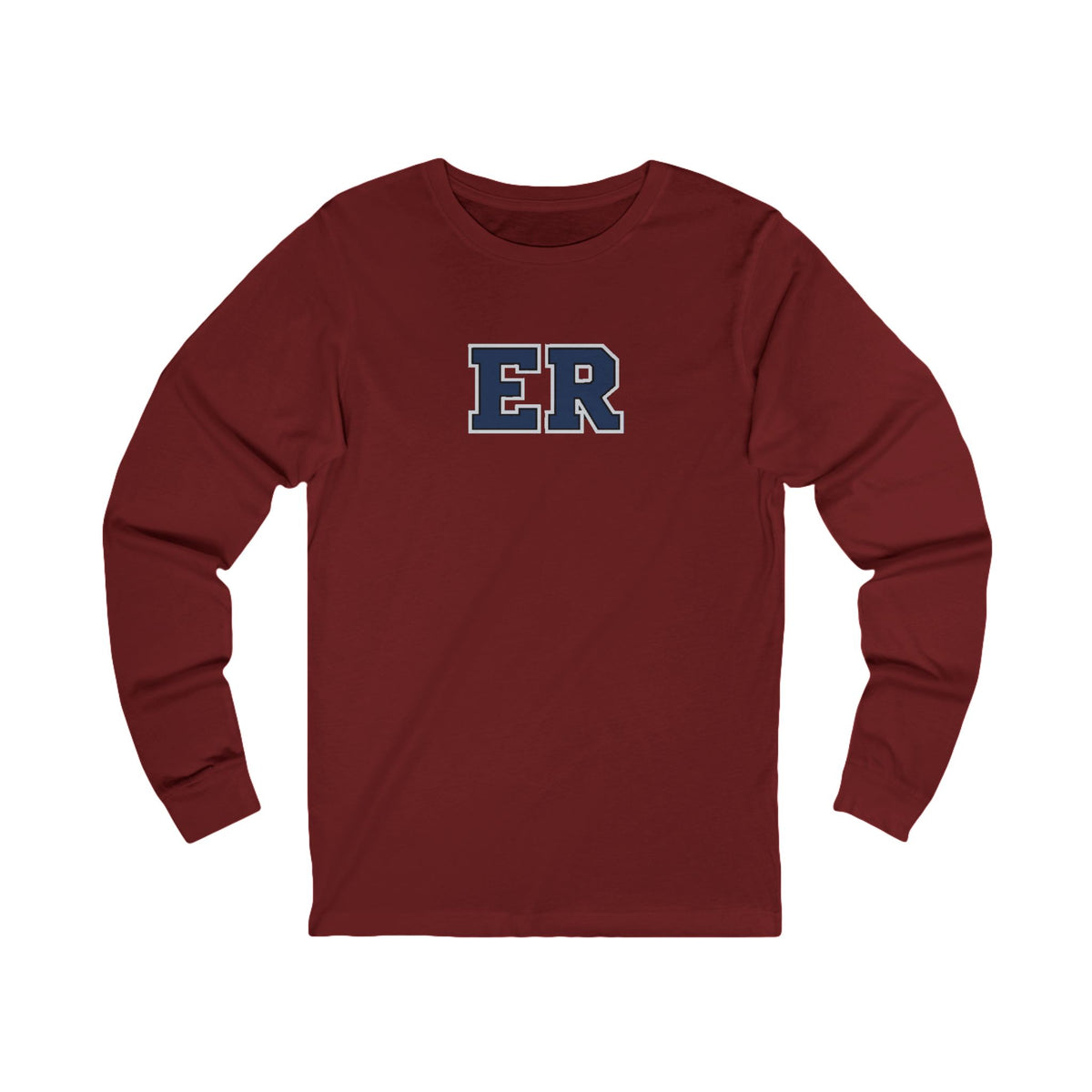 Front view of a Cardinal Nursify ER  Blue long sleeve shirt, showing the centred chest lettering.