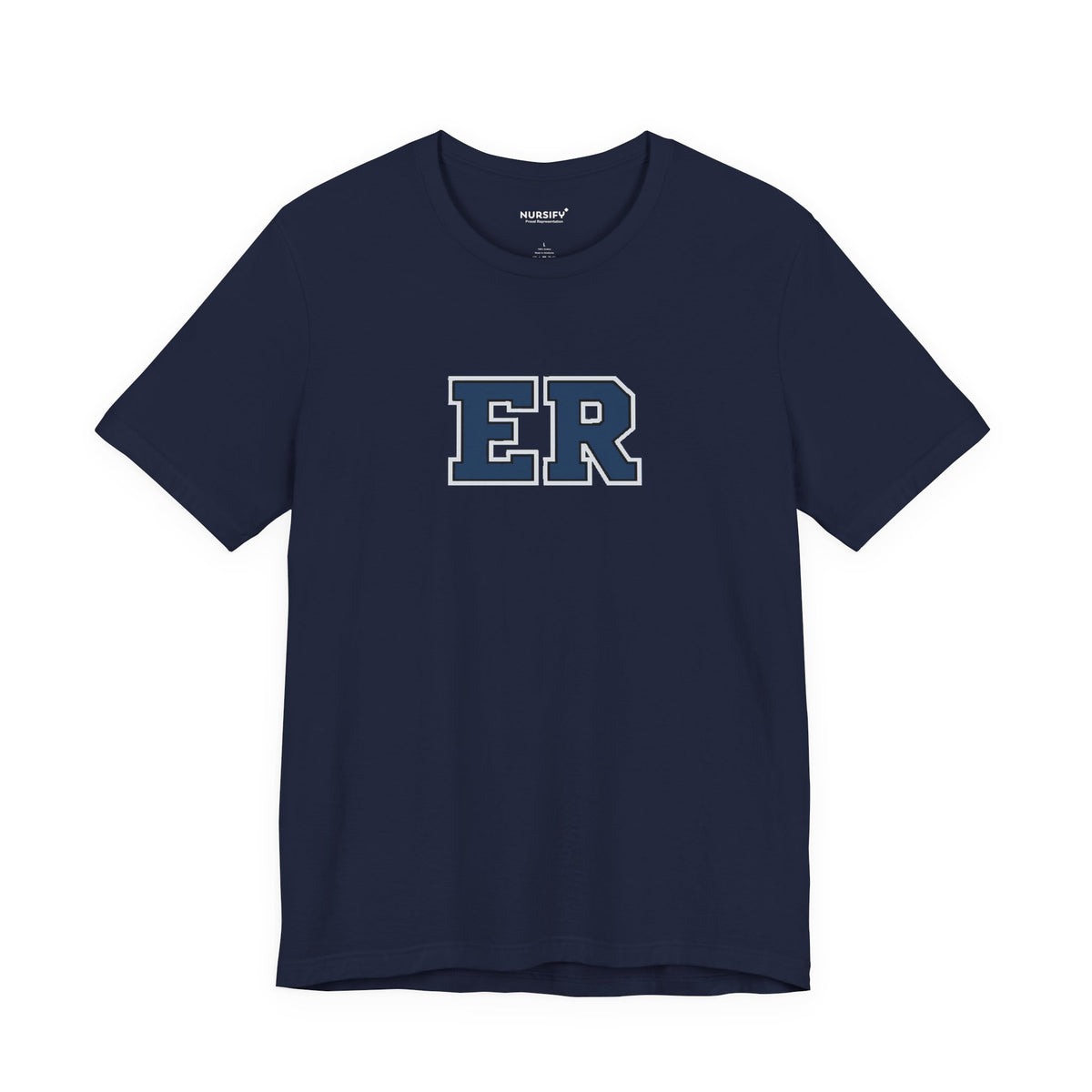 Front view of a Navy Nursify ER  Blue short sleeve shirt, showing the centred chest lettering.