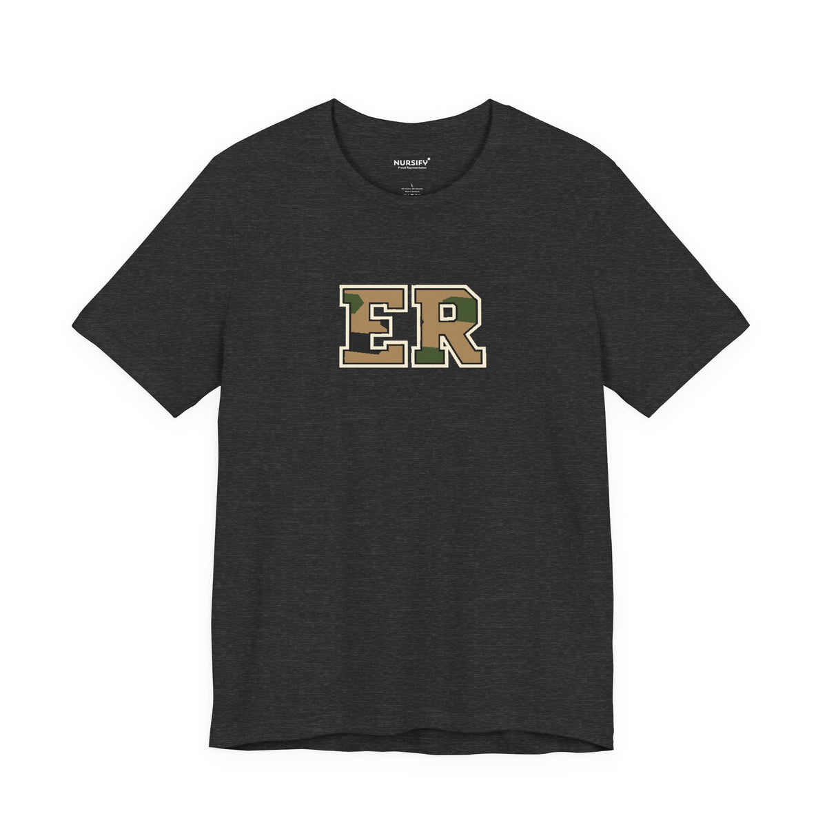 Front view of a Dark Grey Heather Nursify ER  Camo short sleeve shirt, showing the centred chest lettering.