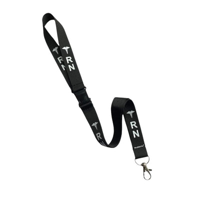 Black RN double-breakaway lanyard with repeating white RN lettering