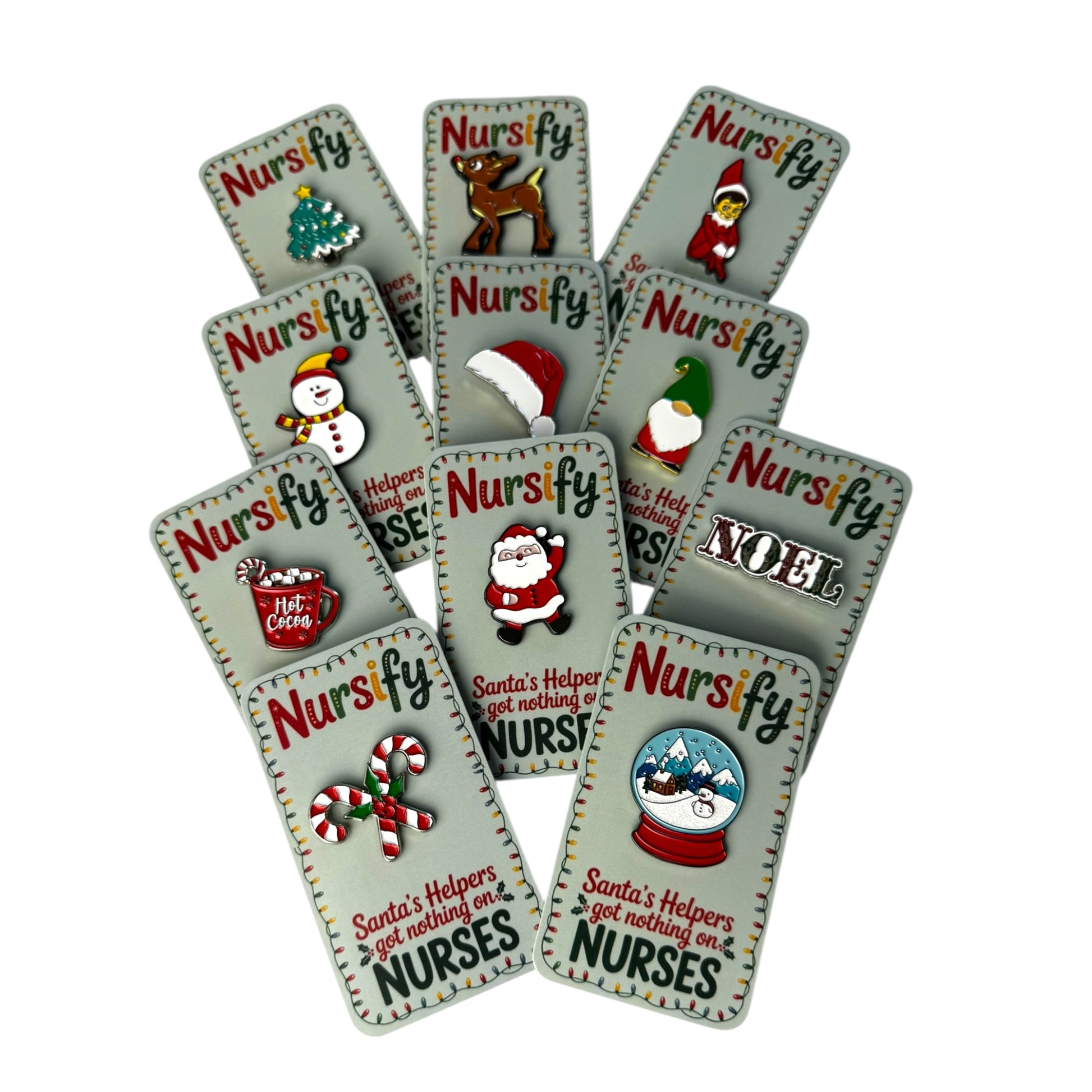 Collection of 'Nursify' themed cards with Christmas designs on a white background