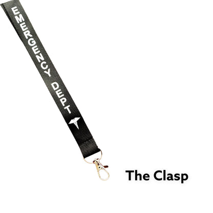 Close-up of Kirksite metal clasp on Emergency Department ID lanyard